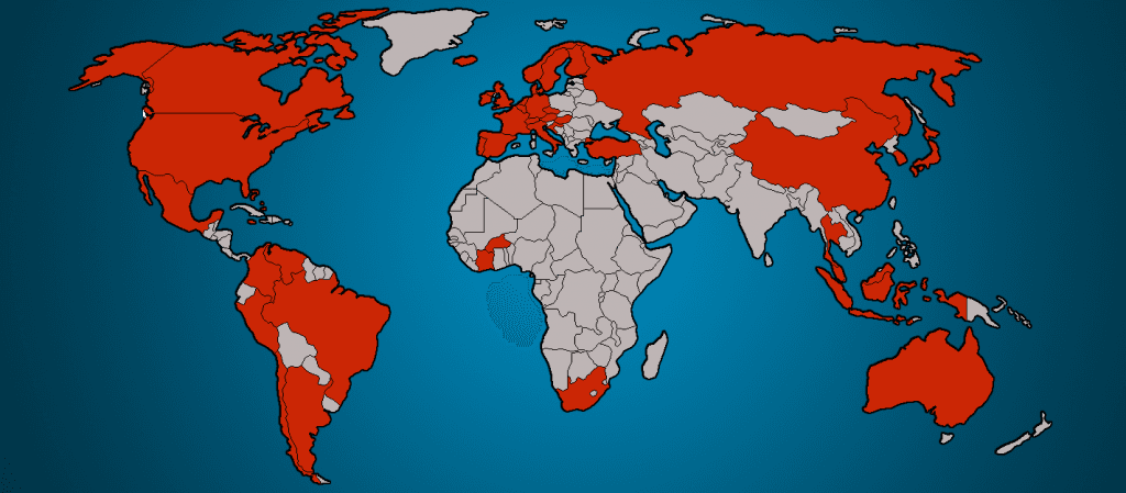 World map highlighting countries where Louis Richardson has spoken